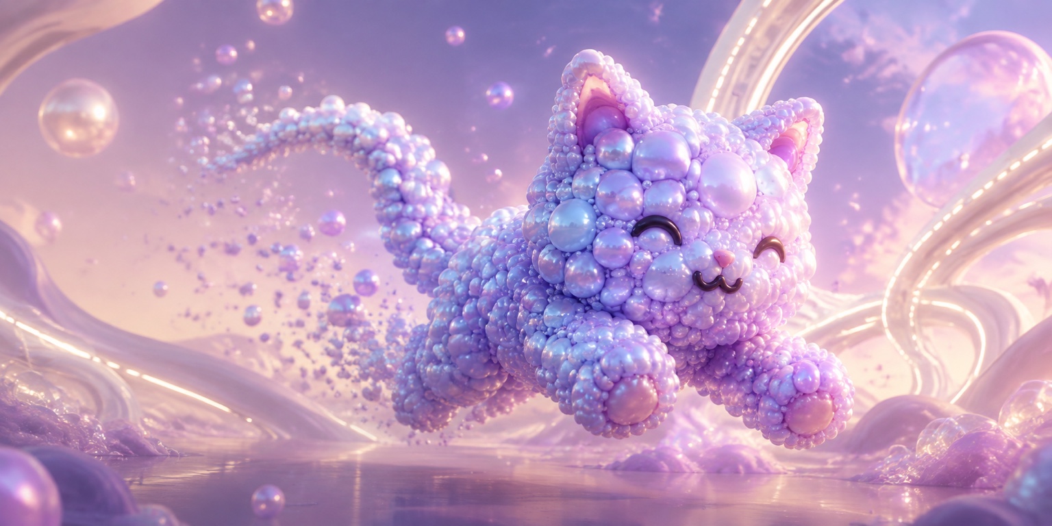 Miao, a pastel cat made of iridescent pearls, leaping through a lavender dreamscape of floating bubbles