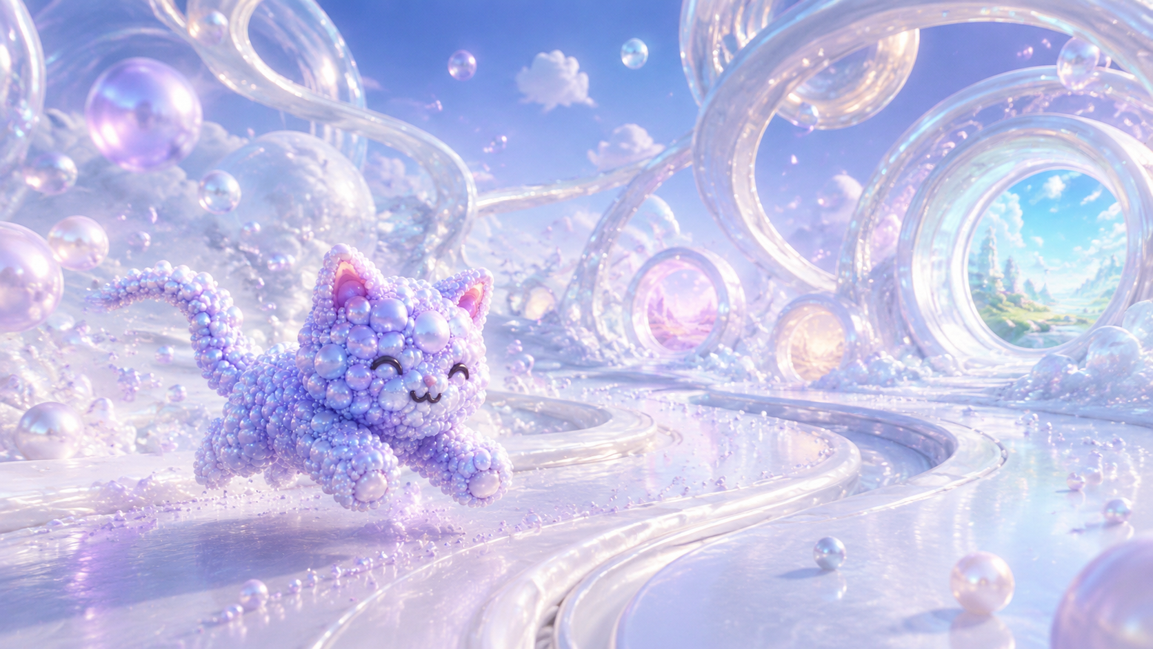 Miao walking through a pearlescent landscape of glass loops and portals opening onto different worlds