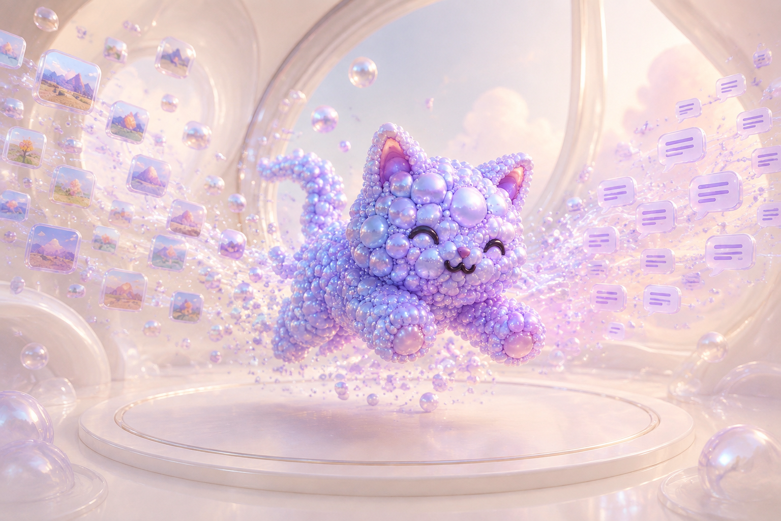 Miao forming from thousands of pearls above a pale podium, surrounded by floating image thumbnails and text bubbles