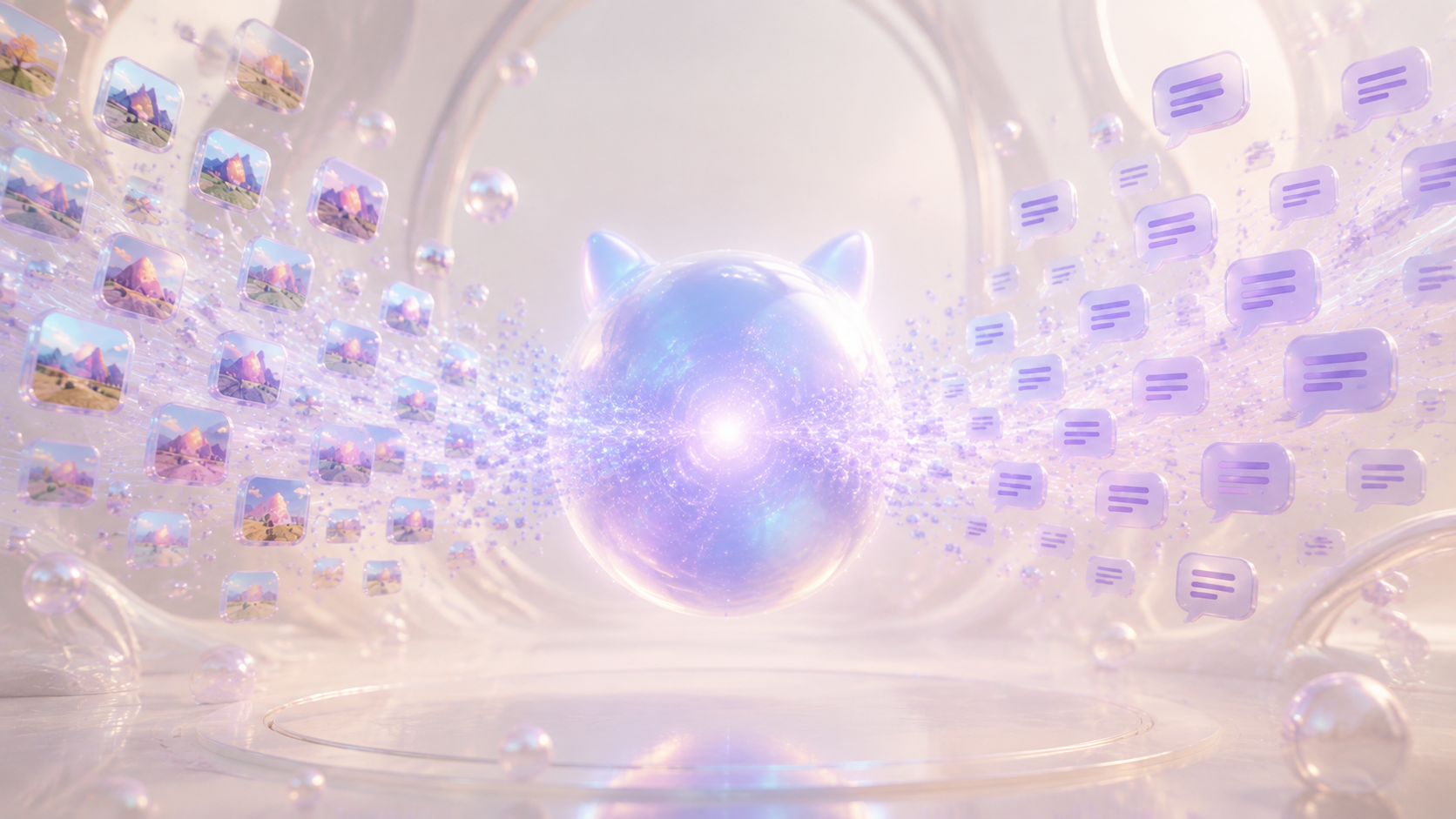 A luminous pearlescent orb with cat ears at the centre of converging streams of image thumbnails and text bubbles