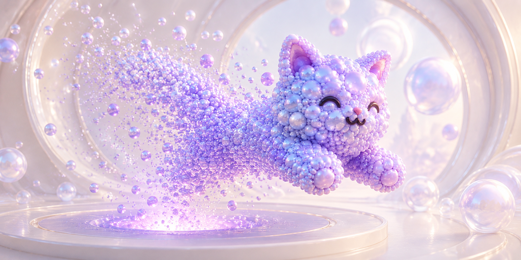 Miao's body assembling out of a swirling stream of lavender pearls above a pale podium